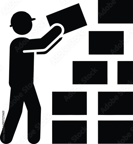 Vector illustration of a bricklayer building a brick wall