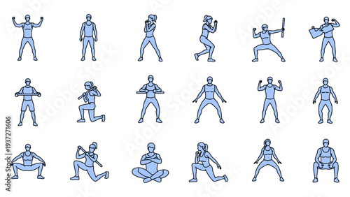 Fitness training poses set featuring athletic figures practicing various workout movements and stretching routines for sports app and health blog illustration vector illustration.