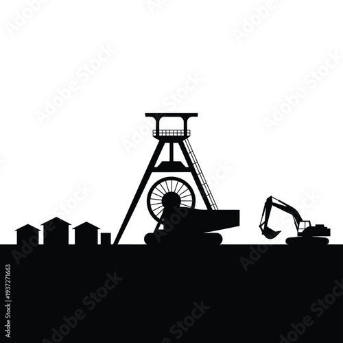 Silhouette of a mine shaft tower with an excavator in the background.