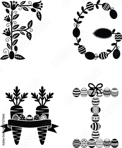 Easter Alphabet Letters F G H L with Eggs, Carrots and Floral Elements – Black Silhouette Spring Holiday Illustration