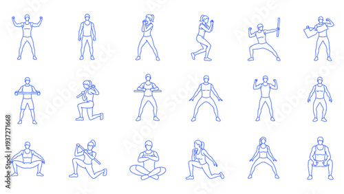 Gym workout exercise icons collection featuring men and women performing fitness routines with equipment like weights and bars for health concept illustration vector illustration.