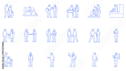 Construction site workers and engineers set showing professional team collaboration safety communication and project management activities in blueprint style vector illustration.