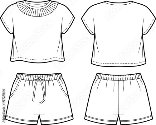 Fashion technical sketch, crop top design, drawstring shorts illustration, casual outfit template, garment construction detail, apparel vector art, clothing design outline