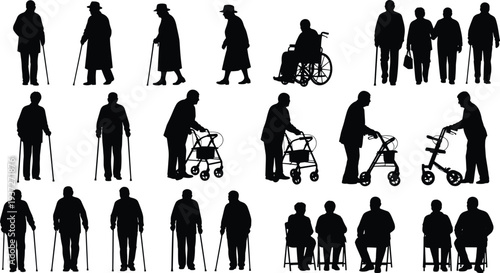 Senior people silhouettes collection, elderly men and women with walking aids, wheelchair and walker poses isolated on white background