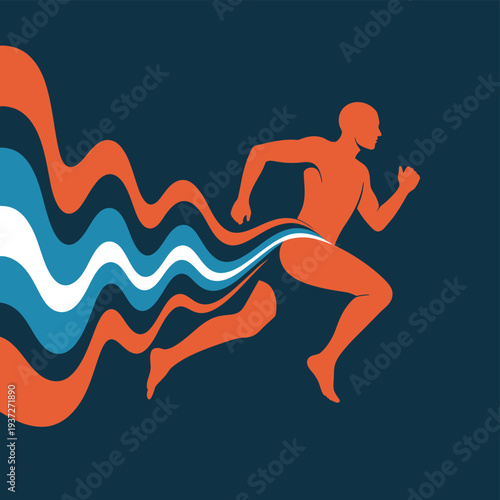 A stylized silhouette of a runner propels forward with colorful, flowing energy trails.