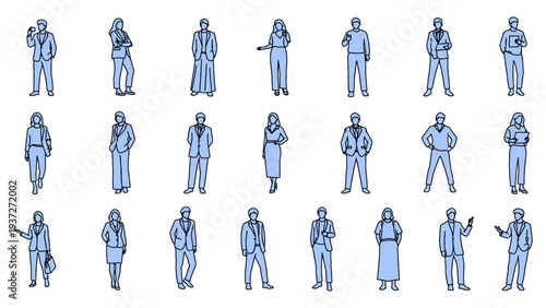 Business people silhouettes in various poses and situations filled with blue color for professional and corporate designs vector illustration.