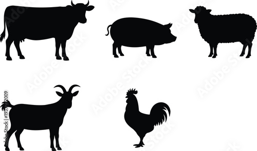 Farm animal silhouettes collection, cow, pig, sheep, goat, rooster, livestock vector, agriculture design, black shadow art, rural illustration
