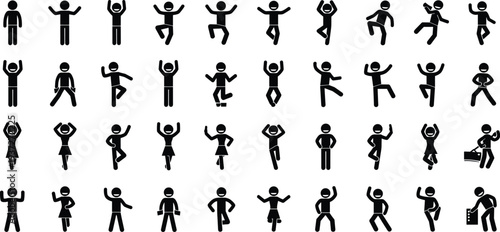 Stick figure people activity icons collection, human pictograms showing jumping, dancing and everyday actions isolated on white background