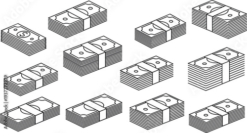 Stacked money cash icons collection, dollar banknote bundles finance payment vector illustration set