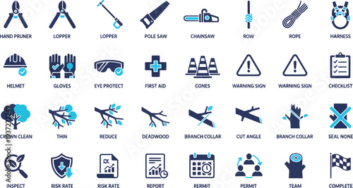 Vector icons for tree care and safety equipment with tools, signage, and protective gear
