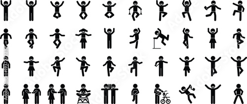 Stick figure people icons collection, human pictograms showing activities, jumping, running, working and social actions isolated on white background