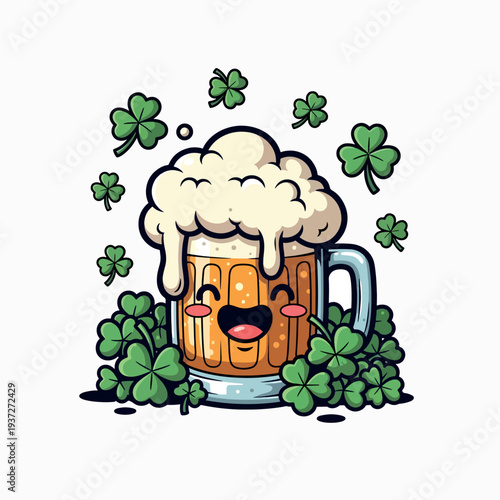 Cute Beer Mug with Shamrocks Cartoon Vector for St Patrick Day