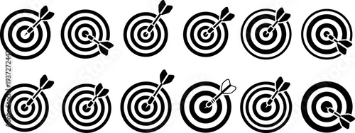 Target board icons collection, dart hitting bullseye symbols, goal achievement focus vector illustration set