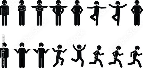 Stick figure people icons set, simple human pictogram characters showing different poses, gestures and actions isolated on white background