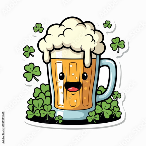 Cute Beer Mug Cartoon with Shamrock Vector for St Patrick Day