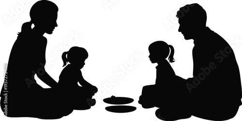 Family silhouettes sitting together, parents and children bonding, playing, sharing, interacting, circle group activity, parenting, childhood development, vector illustration