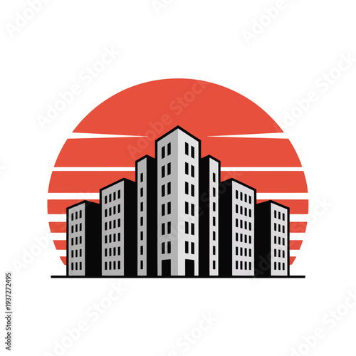 A row of modern buildings stands against a stylized sunset.