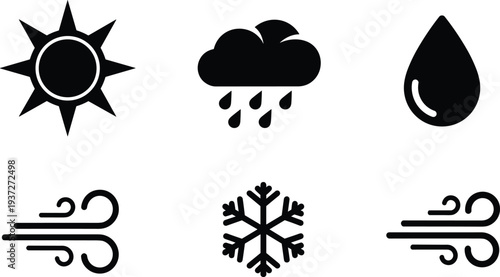 Weather icons silhouettes set, sun rain wind snow symbols, climate and forecast elements, simple meteorology signs, black vector illustration