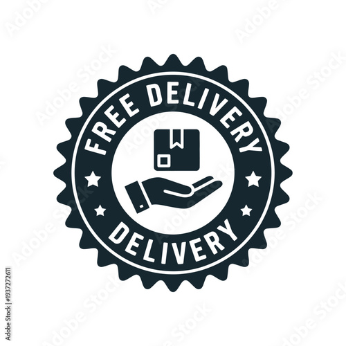 A free delivery icon featuring a hand holding a package within a circular badge.