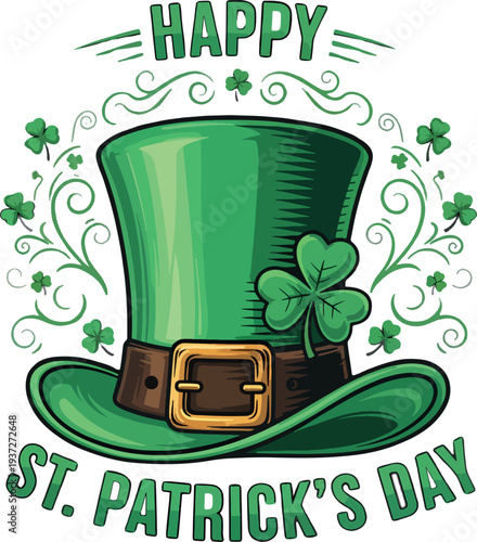 St Patrick Day Leprechaun Hat with Shamrock Vintage Vector Design