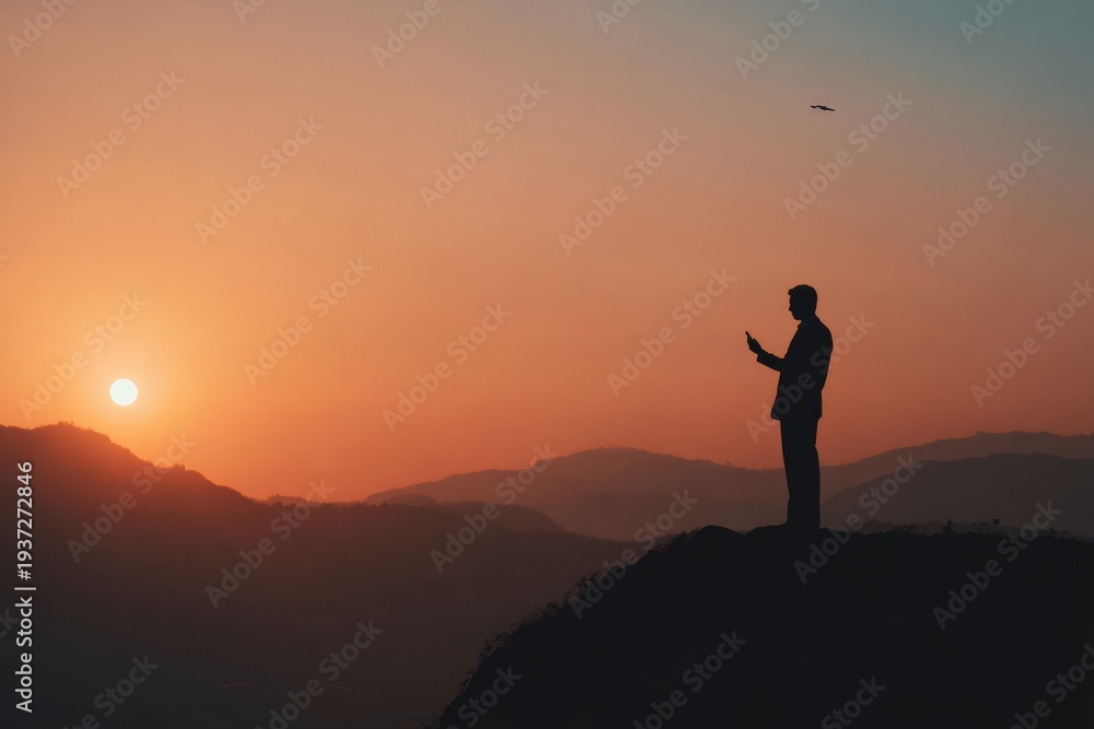 Fototapeta premium Breathtaking sunset view over mountains. Silhouette of a person standing on top, enjoying the tranquility.