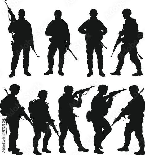 Armed forces silhouettes set of tactical military soldiers with rifles, infantry troops in combat and patrol poses on white background