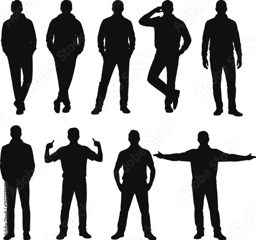Casual male silhouettes set of men in various standing poses, confident guys gesturing and relaxing isolated on white background