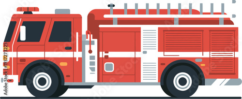 A red fire truck viewed from the side, showcasing its equipment and design in a graphic illustration