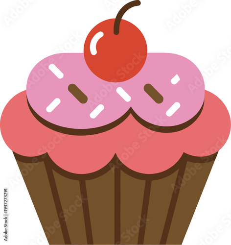 Illustration of a cupcake with pink frosting and cherry on top, viewed from the front