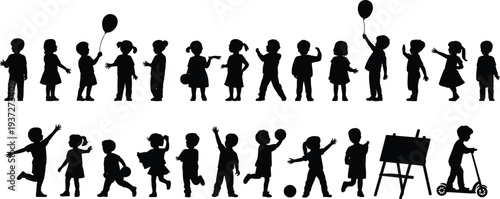 Children silhouettes playing running and holding balloons, kids activity collection isolated vector set playful childhood lifestyle illustration