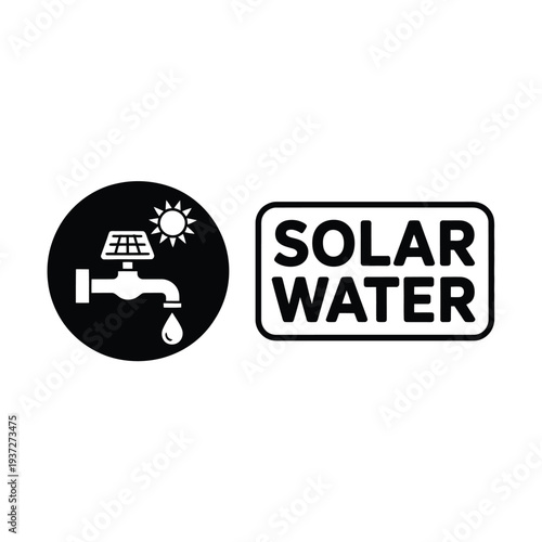 Solar powered water faucet icon with text "SOLAR WATER" in a black rectangle.