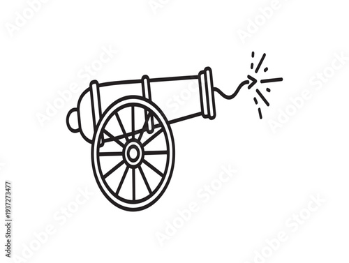 A simple line drawing of a cannon firing with a large wheel and sparks