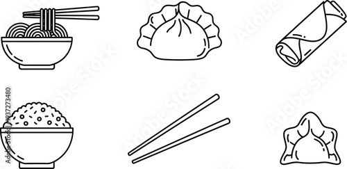 A set of six asian food and utensil illustrations