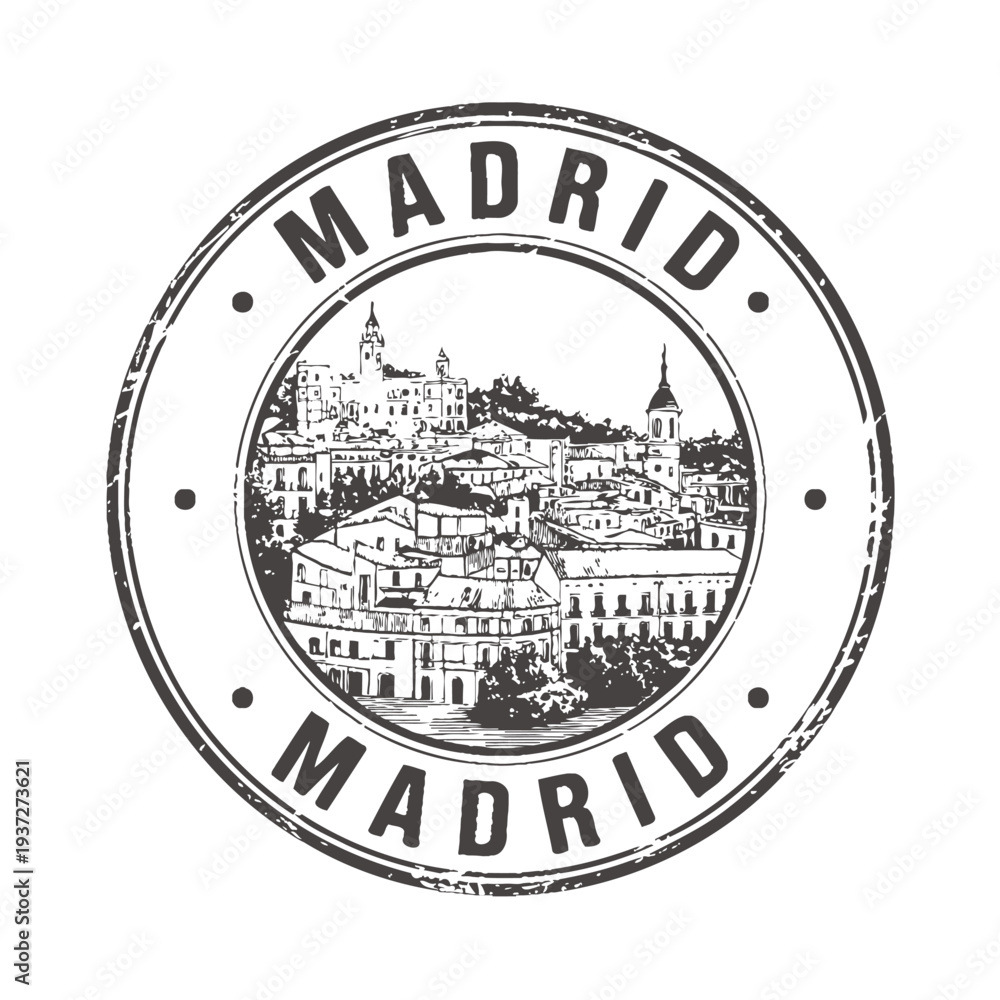 Obraz premium Vintage style stamp featuring a skyline of Madrid Spain