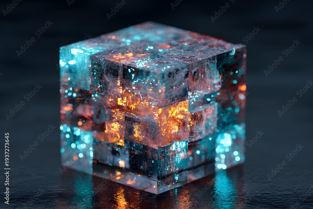 Obraz premium A highly detailed 3d rendering of a glowing crystal cube with vibrant orange and blue lights on a dark reflective surface
