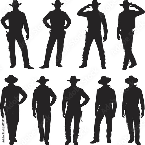 Cowboy silhouettes set of western men in hats and boots, classic american rancher and outlaw poses on white background isolated