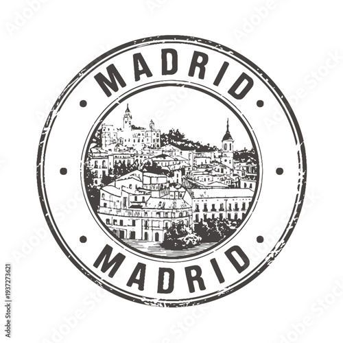 Vintage style stamp featuring a skyline of Madrid Spain
