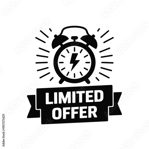 Alarm clock with radiating lines and "Limited Offer" banner suggests urgency.