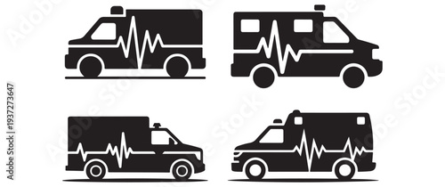 Four black ambulance icons with electrocardiogram lines displayed prominently a striking silhouette high quality professional detailed modern