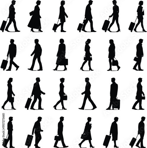 Collection of business people silhouettes walking with luggage, travelers commuters isolated set, office workers carrying bags vector style