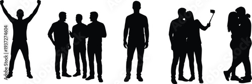 Human silhouette illustration set, people in various poses, group interactions, celebration, couple selfie, romantic embrace, social dynamics artwork