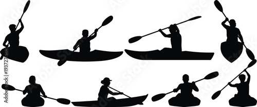 Kayaking silhouettes set of people paddling in canoes and kayaks, rowing athletes icons, outdoor water sports activity on white background