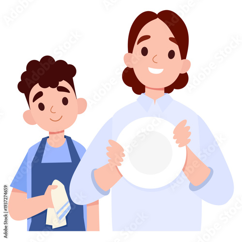 Happy Mother and Son Washing Dishes Together