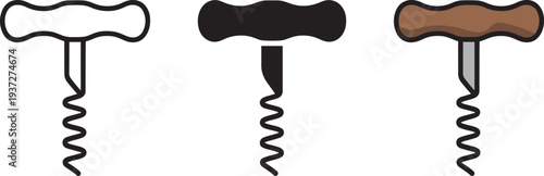 Corkscrew tool collection featuring linear solid and realistic wooden handle styles for kitchen