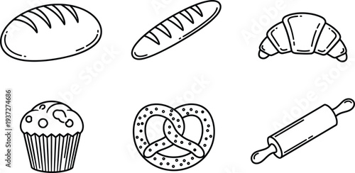 Illustrations of various baked goods and baking tools