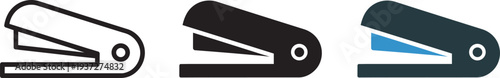 Stapler office equipment icons with thin line black fill and blue color variants for stationery