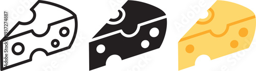 Swiss cheese wedge icons presenting dairy product in linear glyph and colorful cartoon versions