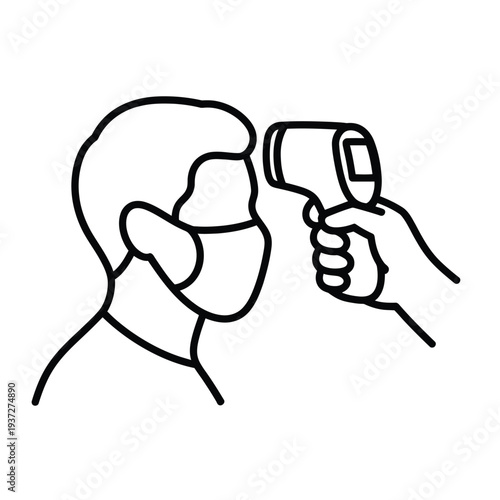 A person wearing a mask is having their temperature checked with a contactless thermometer.