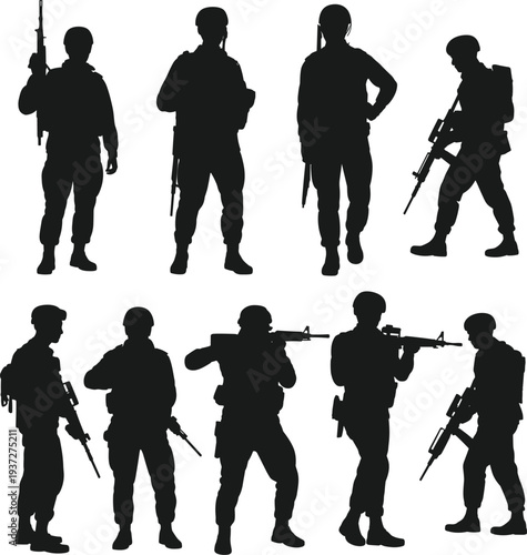 Military soldier silhouettes set of infantry troops in tactical poses with rifles, army commandos and armed forces on white background