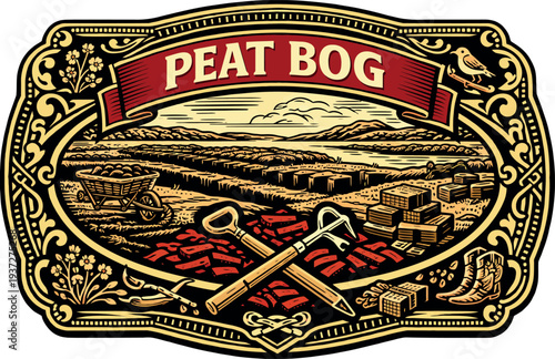 Peat Bog Irish Harvest Vintage Badge Vector
